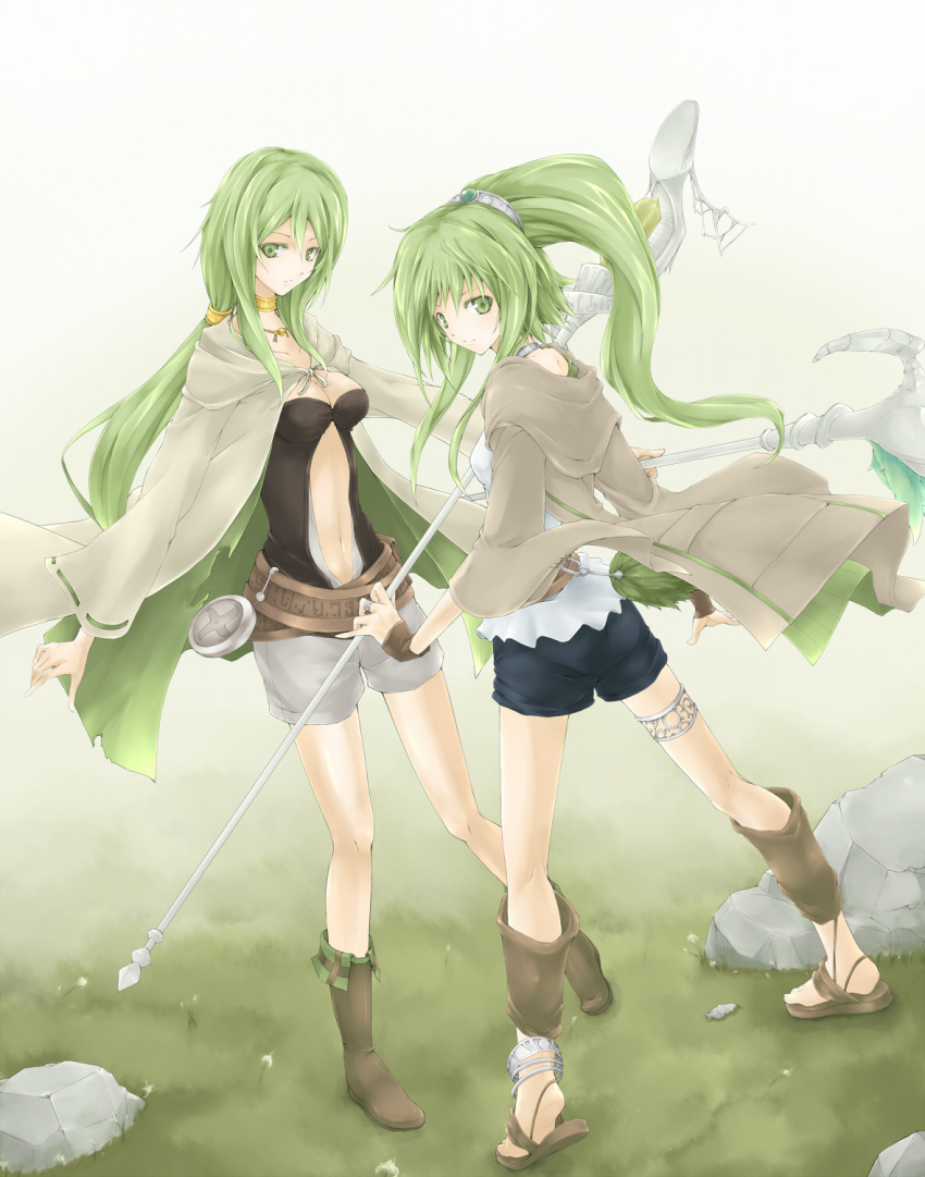 1girl 2girls anklet boots breasts caam_serenity_of_gusto choker cleavage duel_monster green_eyes green_hair highres jewelry long_hair looking_at_viewer multiple_girls navel navel_cutout open_clothes open_coat ponytail rr_(rr2) sandals shorts smile wand wind wynnda_miko_of_the_gusta yuu-gi-ou
