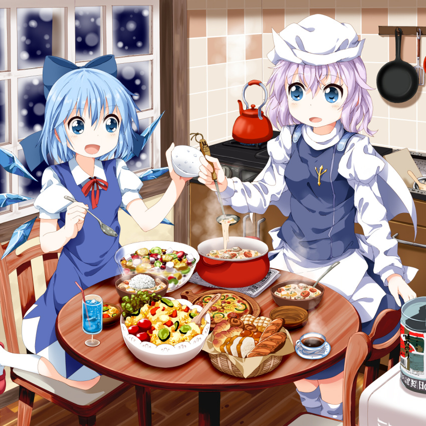 2girls apron blue_dress blue_eyes blue_hair bow bowl bread capelet chair cirno cup dress drinking drinking_glass empty food frying_pan hair_bow hat highres ice ice_wings juliet_sleeves kitchen ladle letty_whiterock long_sleeves multiple_girls open_mouth pot puffy_sleeves purple_hair shirt short_sleeves sink smile snowing spoon table tea_kettle teacup toast touhou tsurukou_(tksymkw) waist_apron window wings