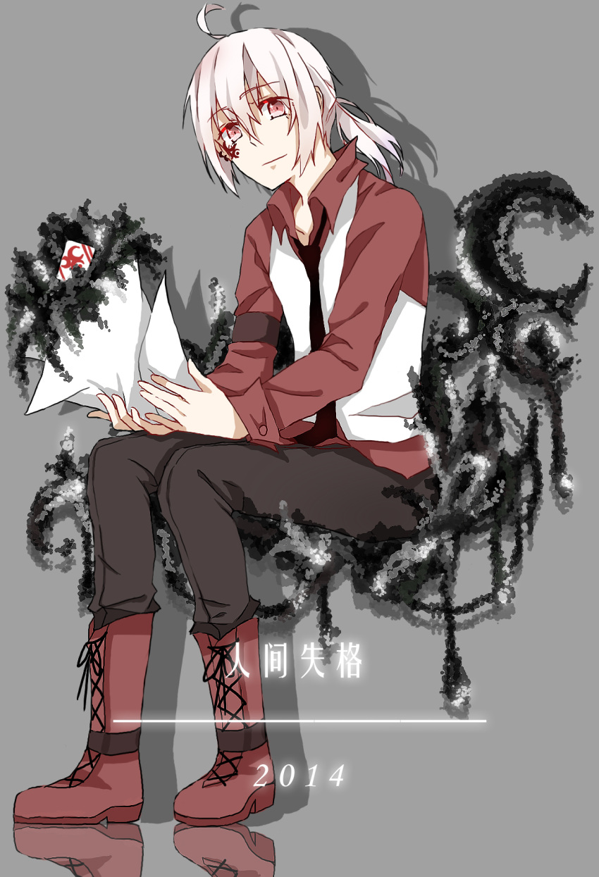 1boy 2014 boots flower full_body highres koto_(pixiv) looking_at_viewer male necktie ponytail red_eyes red_shirt shirt sitting smile solo vest zaregoto_series zerozaki_hitoshiki