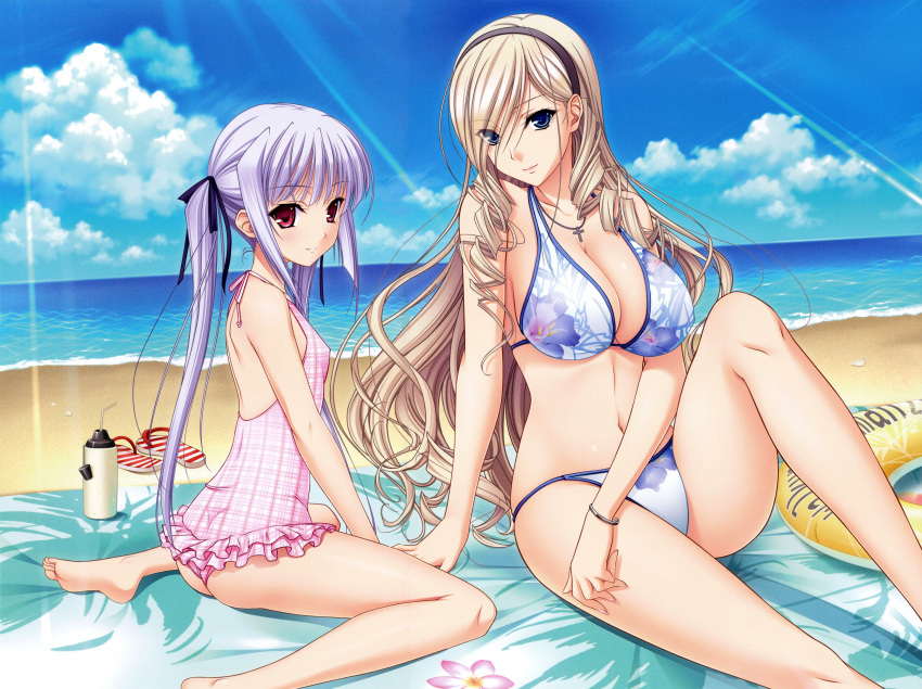 2girls absurdres bangle barefoot beach bikini blue_eyes bracelet breasts casual_one-piece_swimsuit celia_kumani_entory cleavage clouds cross drill_hair floral_print hair_ribbon hairband halterneck highres huge_filesize jewelry komori_kei large_breasts legs long_hair looking_at_viewer multiple_girls nail_polish navel one-piece_swimsuit ribbon risa_eostole shiny shiny_skin sitting sunbeam sunlight swimsuit translation_request twin_drills twintails violet_eyes walkure_romanze wariza