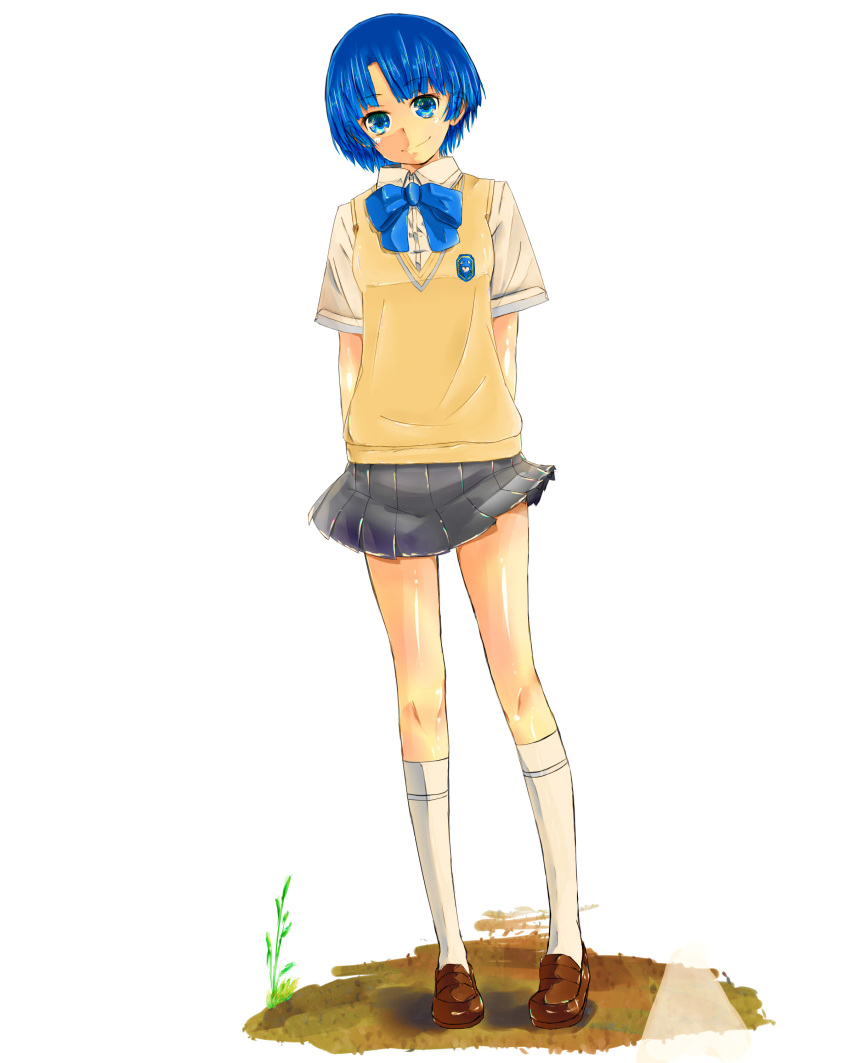 1girl absurdres ano_natsu_de_matteru arms_behind_back blue_eyes blue_hair bow character_request full_body highres kneehighs orunyaka pigeon-toed pleated_skirt school_uniform short_hair skirt smile solo standing sweater_vest