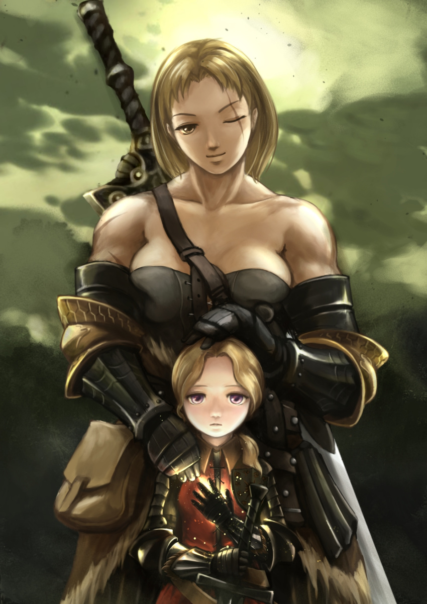 1boy 1girl arisen_(dragon's_dogma) armor bare_shoulders blonde_hair breasts chovie collarbone commentary_request corset dragon's_dogma elbow_gloves gauntlets gloves height_difference highres huge_weapon large_breasts one-eyed over_shoulder patting_head pawn_(dragon's_dogma) planted_sword planted_weapon scar short_hair smile sword sword_over_shoulder violet_eyes weapon weapon_over_shoulder yellow_eyes
