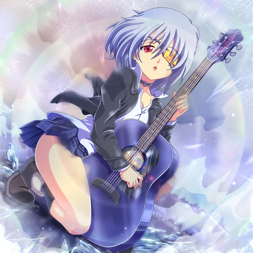 1girl blue_hair eyepatch guitar highres instrument original red_eyes short_hair solo tennouji_masamichi