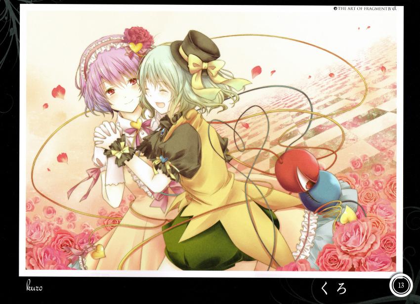 2girls absurdres adapted_costume alternate_costume artist_name artist_request ascot blush bow checkered checkered_floor closed_eyes dress eyeball family flower frills green_hair hair_flower hair_ornament hairband hat hat_ribbon heart heart_of_string highres holding_hands interlocked_fingers komeiji_koishi komeiji_satori lolita_hairband looking_at_another multiple_girls open_mouth pants petals pink_hair puffy_sleeves red_eyes ribbon rose rose_petals scan shirt short_hair short_sleeves siblings sisters smile string text third_eye touhou wrist_cuffs