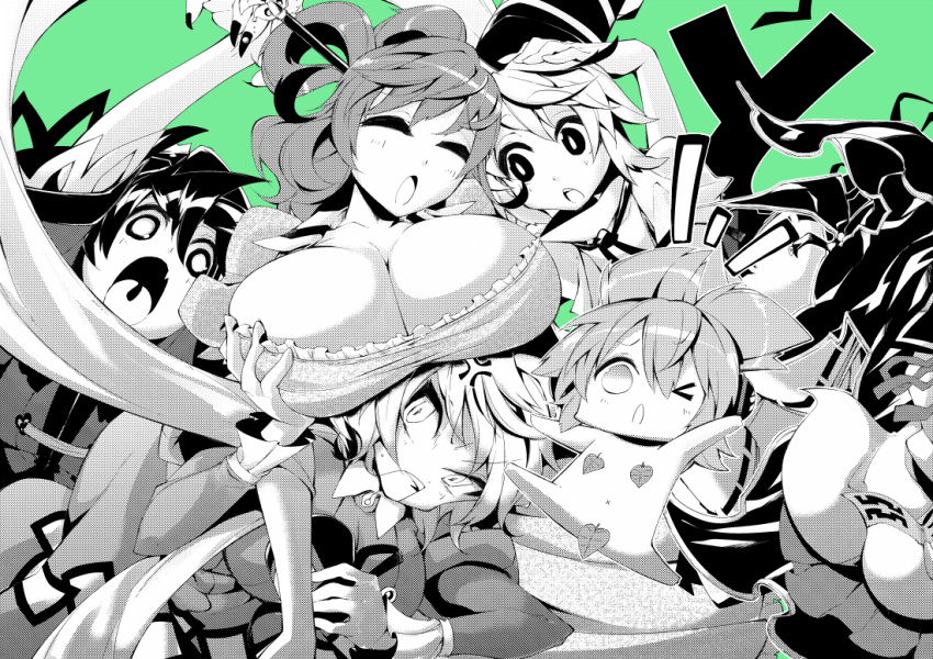 5girls :o anger_vein breast_hold breast_rest breasts breasts_on_head censored chibi dress earmuffs ghost_tail green_background hair_ornament hair_rings hair_stick hand_on_head hat hokuto_(scichil) japanese_clothes kaku_seiga leaf long_hair looking_at_viewer miyako_yoshika monochrome mononobe_no_futo multiple_girls nude open_mouth outstretched_arms shawl short_hair soga_no_tojiko tate_eboshi touhou toyosatomimi_no_miko undressing wide_sleeves zombie_pose