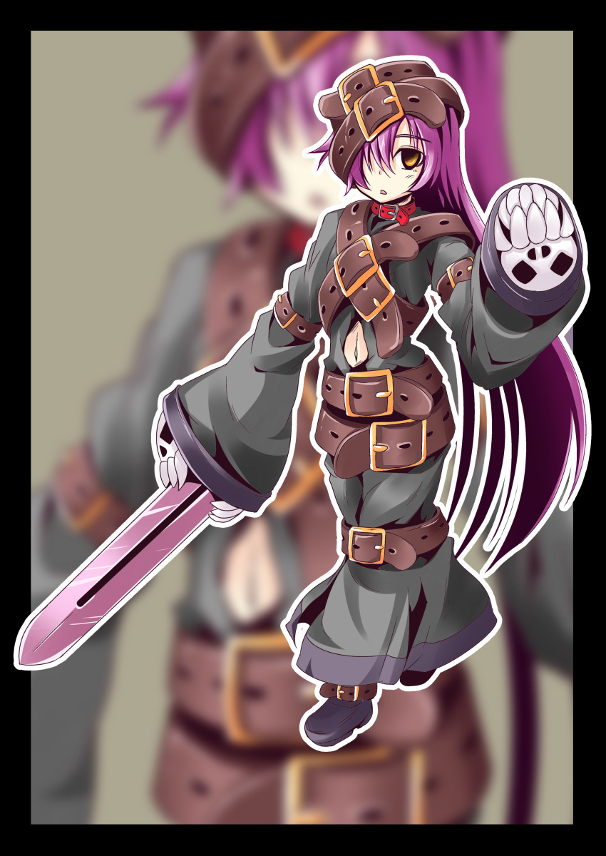 1girl absurdres arm_up belt black_border collarbone hair_over_one_eye highres ichimi long_hair looking_at_viewer navel_cutout open_mouth pixiv_fantasia_fallen_kings purple_hair skull solo sword teeth weapon yellow_eyes zoom_layer