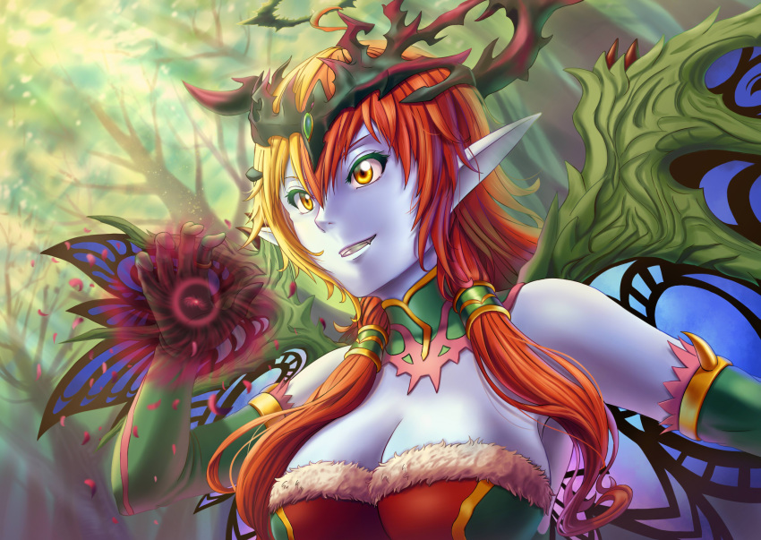 1girl bare_shoulders blonde_hair blue_skin breasts butterfly_wings cleavage elbow_gloves forest fur_trim gloves grin hera-beorc_(p&amp;d) hera_(p&amp;d) highres ho-oh_(artist) multicolored_hair nature pointy_ears puzzle_&amp;_dragons redhead smile solo wings yellow_eyes