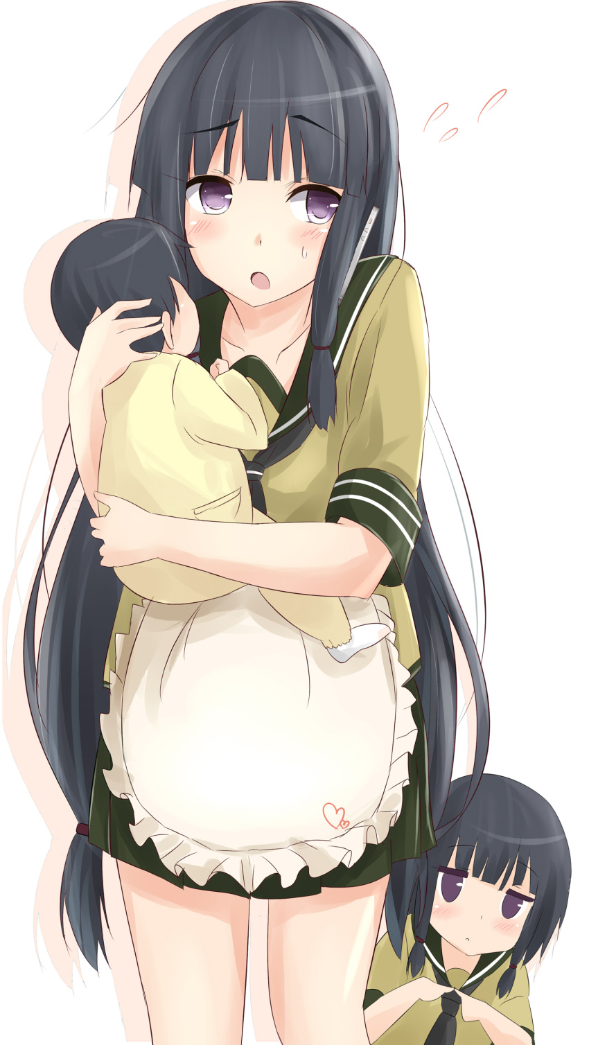 2girls absurdres apron baby black_hair commentary_request fidgeting flat_gaze highres kantai_collection kitakami_(kantai_collection) long_hair mother_and_daughter multiple_girls open_mouth personification saku_(kudrove) very_long_hair violet_eyes