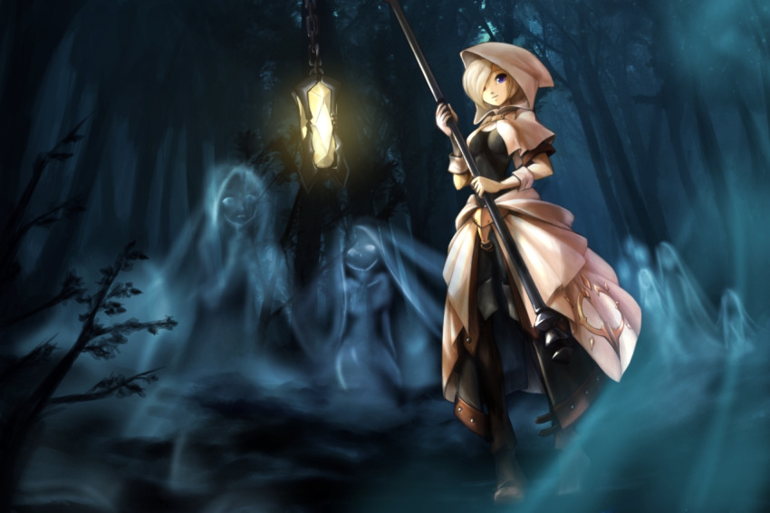 1girl breasts capelet chovie forest ghost hair_over_one_eye hood lantern long_skirt nature original pole short_hair showgirl_skirt silver_hair skirt solo violet_eyes wrist_cuffs