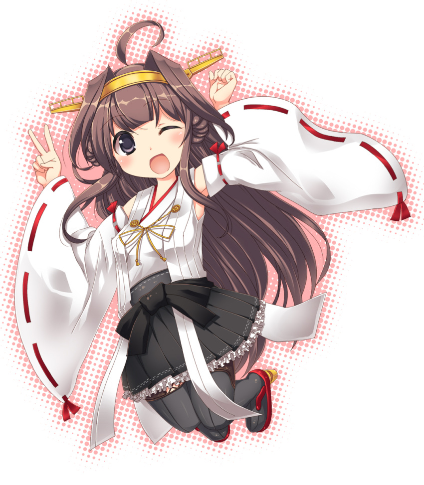 1girl ;d ahoge black_eyes boots brown_hair detached_sleeves double_bun highres japanese_clothes jumping kantai_collection kongou_(kantai_collection) long_hair looking_at_viewer nontraditional_miko open_mouth payot pleated_skirt ribbon-trimmed_sleeves ribbon_trim skirt smile solo thigh_boots thighhighs v very_long_hair wink yukari_yukke