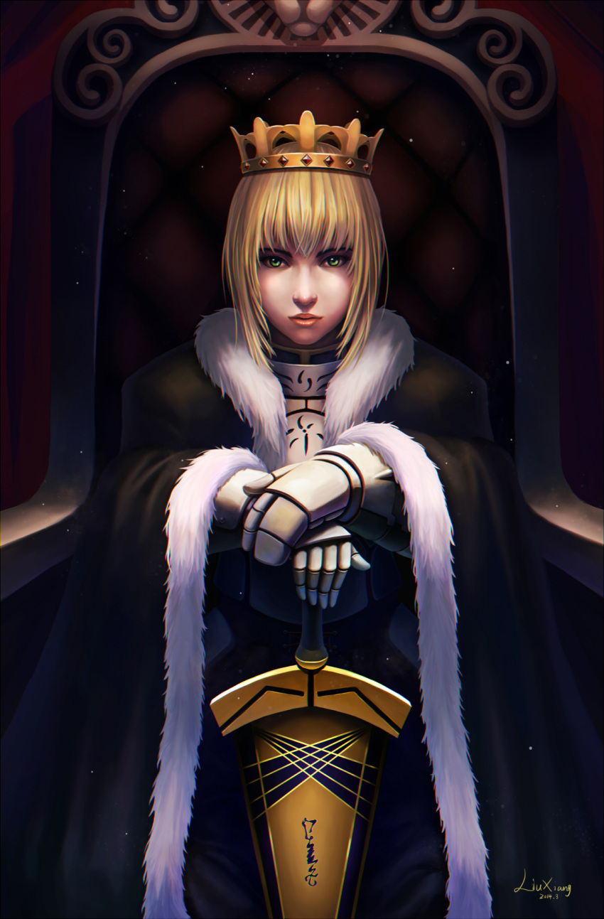 1girl ahoge avalon_(fate/stay_night) blonde_hair cape crown dress excalibur fate/stay_night fate_(series) fur_trim green_eyes highres realistic saber sheath sheathed signature solo sword throne tomoekou weapon