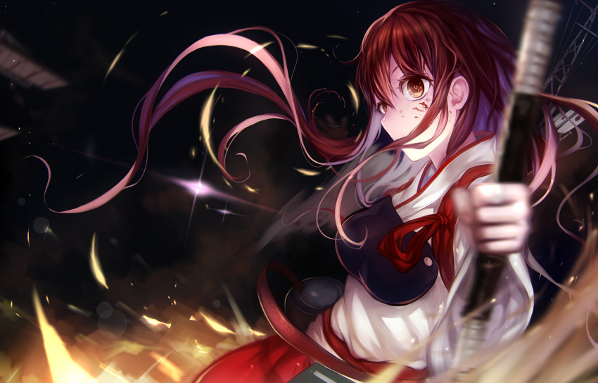 1girl akagi_(kantai_collection) arrow blood blush bow_(weapon) brown_eyes brown_hair clouds fire highres japanese_clothes kantai_collection long_hair muneate night personification quiver radio_antenna sa_(h28085) weapon