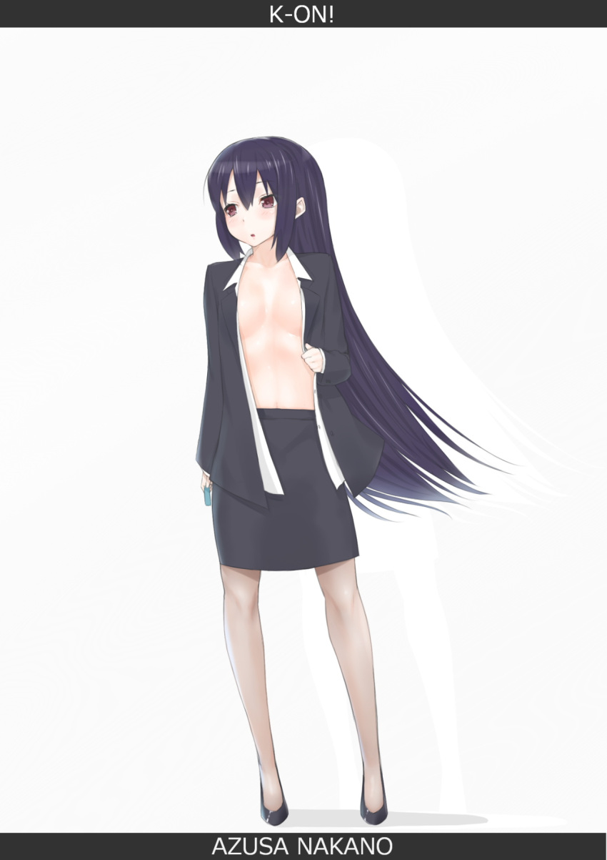 1girl black_hair blush brown_eyes formal hair_down highres k-on! libre long_hair nakano_azusa navel no_bra open_clothes pantyhose shoes skirt skirt_suit solo standing suit very_long_hair