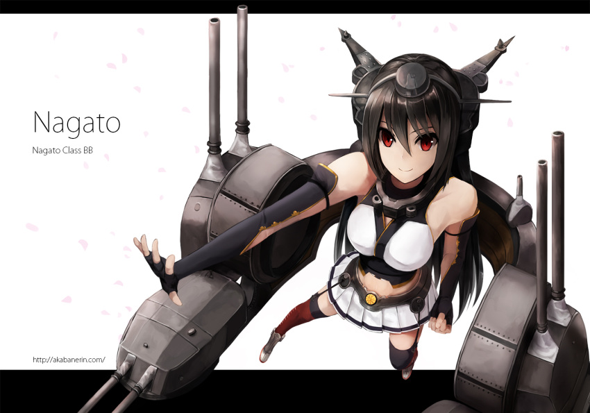 1girl akabane_rin bare_shoulders black_hair breasts character_name elbow_gloves fingerless_gloves gloves hairband headgear kantai_collection long_hair nagato_(kantai_collection) outstretched_arm personification red_eyes skirt solo thighhighs white_background