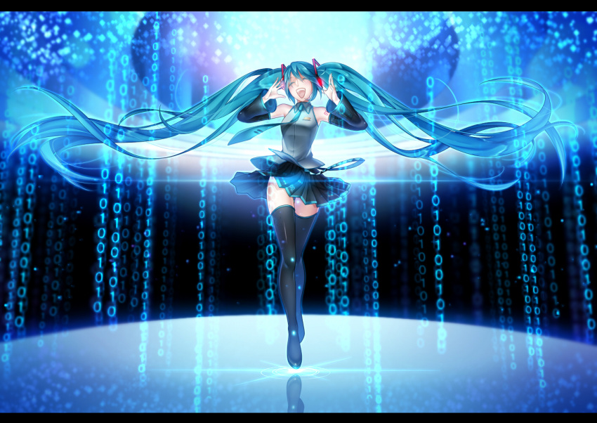 1girl aqua_hair arkray binary boots closed_eyes detached_sleeves floating_hair hands_on_headphones hatsune_miku headphones letterboxed long_hair necktie open_mouth skirt solo thigh-highs thigh_boots twintails very_long_hair vocaloid