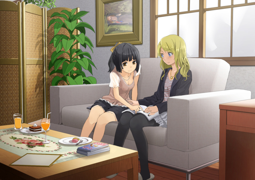 2girls black_hair blonde_hair blue_eyes blush breasts brown_eyes cake cleavage coffee_table couch cup fashion food glass hair_ribbon jewelry long_hair macaron multiple_girls necklace original painting_(object) pantyhose plate ponytail ribbon skirt slippers straw striped window wine_glass yoropa yuri