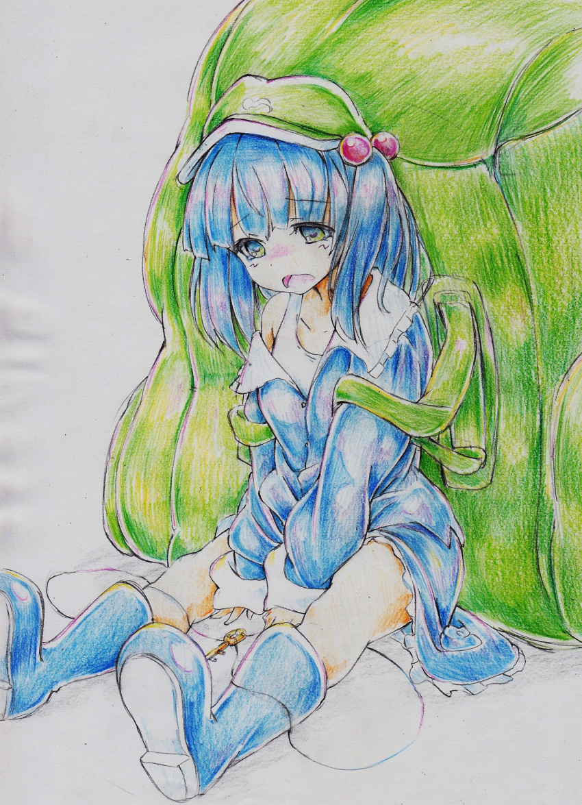 1girl absurdres backpack bag blue_eyes blue_hair blush boots colored_pencil_(medium) hair_bobbles hair_ornament hat highres kawashiro_nitori key kitazinger off_shoulder short_hair sitting solo touhou traditional_media twintails v_arms