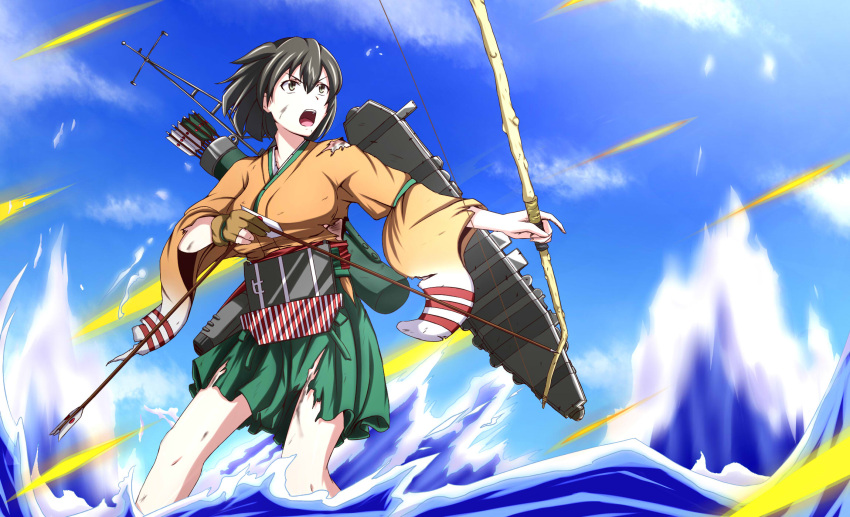 1girl archery arrow battle blush bow_(weapon) breasts brown_eyes brown_hair bullet burnt_clothes clouds damaged flight_deck highres hiryuu_(kantai_collection) japanese_clothes kantai_collection kyuudou long_sleeves ocean open_mouth personification quiver ribbon short_hair side_ponytail single_glove skirt water weapon wide_sleeves yugake