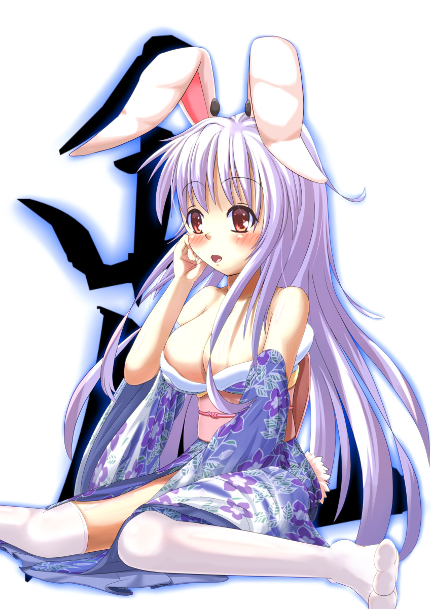 1girl absurdres animal_ears blush breasts bunny_tail cleavage cleavage_cutout happy highres japanese_clothes kimono large_breasts lavender_hair long_hair rabbit_ears red_eyes reisen_udongein_inaba sitting solo tagme tail touhou very_long_hair yukata