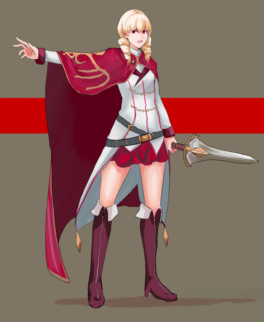 1girl absurdres belt blonde_hair boots cape coattails drill_hair elica_wagner full_body highres knee_boots outstretched_arm red_eyes red_seiryu short_sword simple_background skirt solo sword twin_drills under_night_in-birth weapon