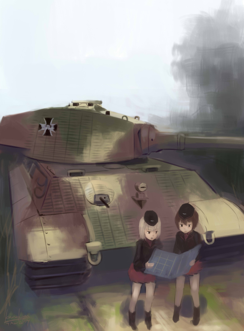 2girls artist_name brown_hair caterpillar_tracks dated faux_traditional_media garrison_cap girls_und_panzer grey_hair hat highres itsumi_erika kanokoga king_tiger map military military_vehicle multiple_girls nishizumi_maho pleated_skirt short_hair skirt tank uniform vehicle