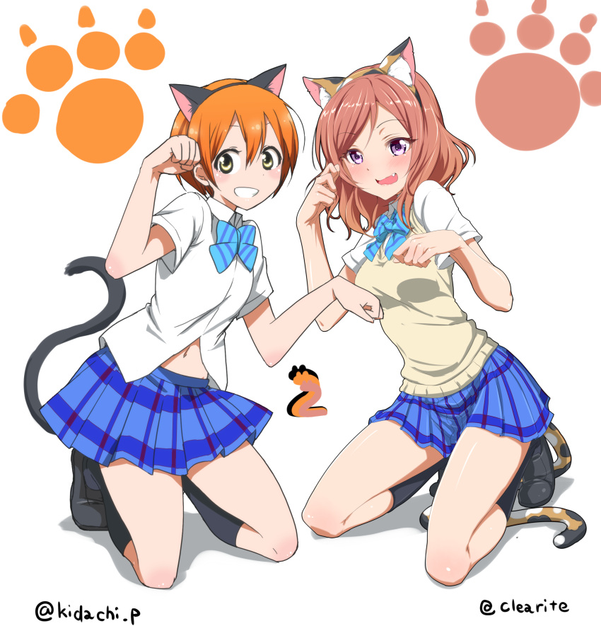 2girls absurdres animal_ears blush cat_ears cat_tail clearite fang hairband highres hoshizora_rin kneeling looking_at_viewer love_live!_school_idol_project multiple_girls navel nishikino_maki open_mouth orange_hair paw_pose redhead school_uniform short_hair skirt smile sweater_vest tail wavy_mouth yellow_eyes