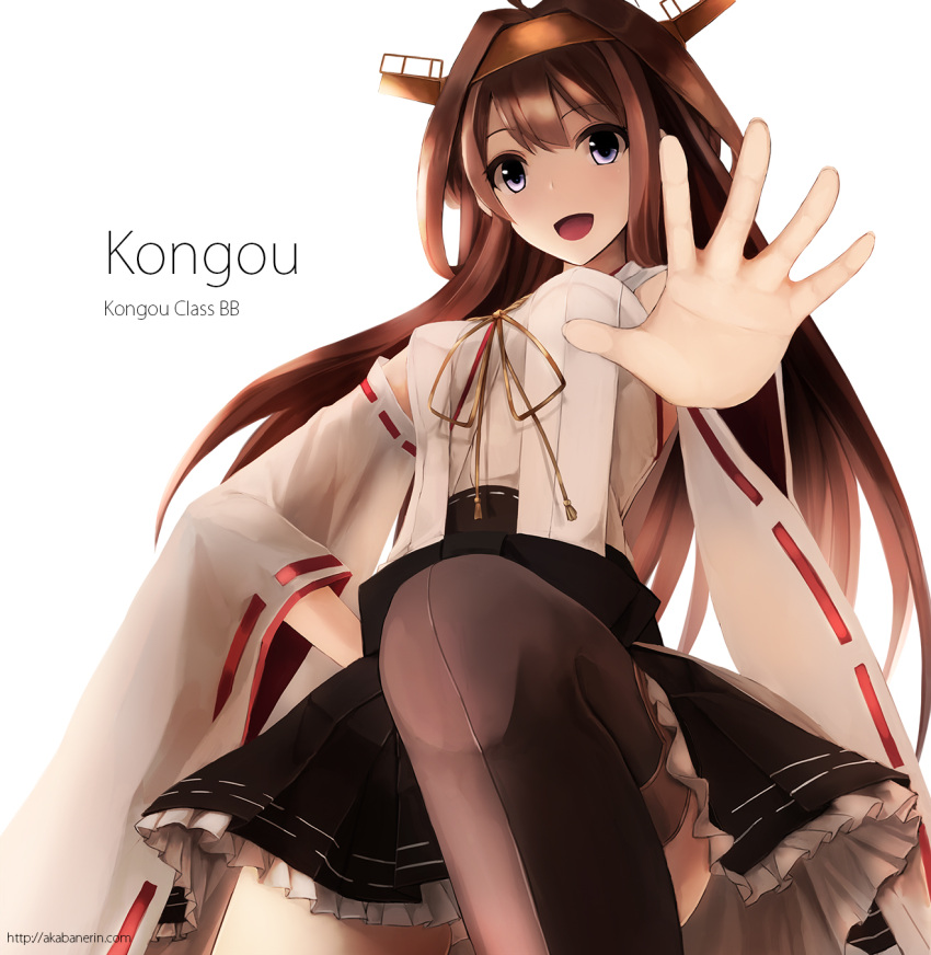 1girl ahoge akabane_rin bare_shoulders brown_hair character_name detached_sleeves double_bun hairband highres japanese_clothes kantai_collection kongou_(kantai_collection) long_hair nontraditional_miko open_mouth outstretched_hand personification skirt solo thighhighs