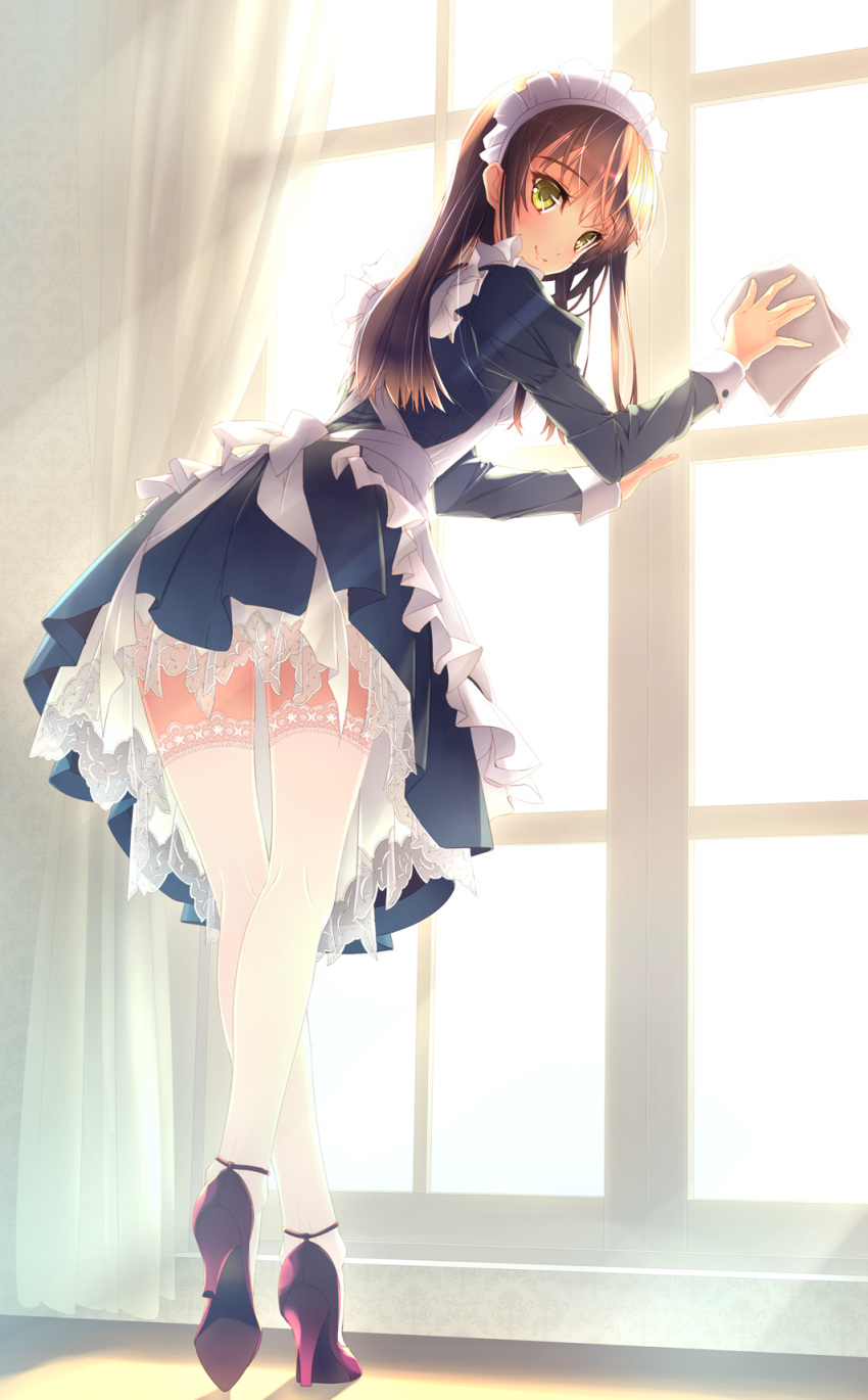 1girl brown_hair curvy dress female high_heels highres lace lace-trimmed_dress lace-trimmed_thighhighs legs long_hair maid maid_headdress murakami_suigun original panties pantyshot see-through smile solo thighhighs underwear white_legwear white_panties window wiping yellow_eyes