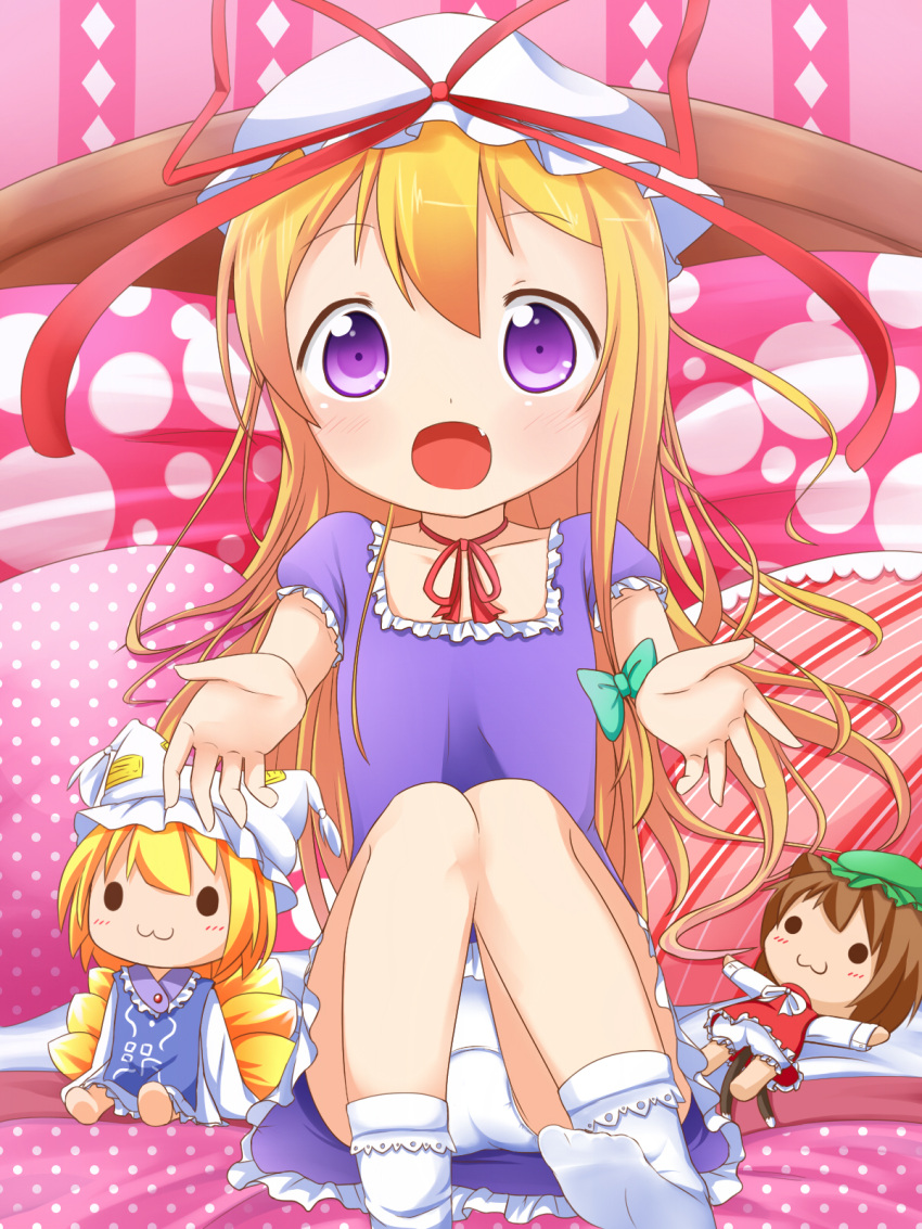 1girl :3 animal_ears blonde_hair brown_hair cat_ears cat_tail character_doll chen child dress fang fox_tail hair_ribbon hat hat_ribbon hat_with_ears highres long_hair looking_at_viewer makuran multiple_tails open_mouth outstretched_arms panties pillow purple_dress red_dress ribbon sitting smile solo tabard tail torpedo touhou tress_ribbon underwear upskirt very_long_hair violet_eyes white_dress white_panties yakumo_ran yakumo_yukari young