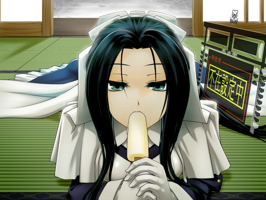 1girl black_hair bodysuit breasts commentary_request gloves green_eyes kyoukai_senjou_no_horizon long_hair looking_at_viewer maid musashi_(horizon) necktie ponytail popsicle solo takuteks