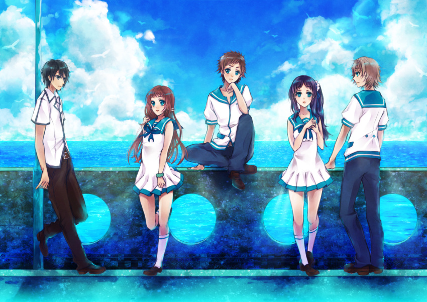 2girls 3boys black_eyes black_hair blonde_hair blue_eyes blue_hair brown_hair hiradaira_chisaki isaki_kaname kihara_tsumugu long_hair mukaido_manaka multiple_boys multiple_girls nagi_no_asukara pole sailor_collar sailor_dress sakishima_hikari sawori_(katherine9) school_uniform serafuku short_hair side_ponytail sitting standing