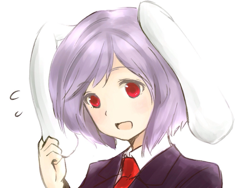 1girl animal_ears bust ear_tug flying_sweatdrops lavender_hair looking_at_viewer nagata_nagato necktie open_mouth rabbit_ears red_eyes reisen short_hair simple_background solo suit_jacket touhou white_background