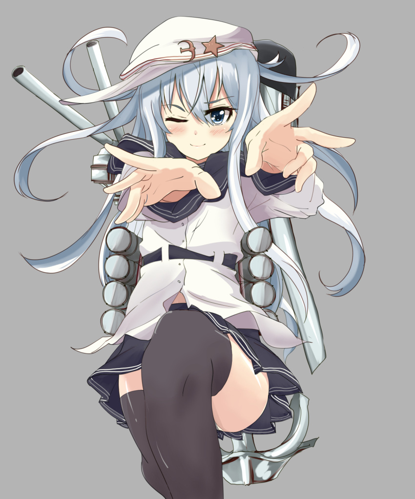 1girl black_legwear blue_eyes blush grey_background hammer_and_sickle hat hibiki_(kantai_collection) highres kaipankun kantai_collection long_hair looking_at_viewer outstretched_arms personification school_uniform serafuku silver_hair skirt solo star thighhighs verniy_(kantai_collection) wink