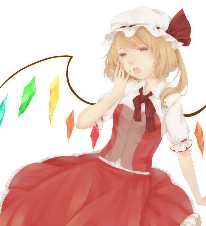 1girl arm_support ascot blonde_hair bustier flandre_scarlet hand_to_own_mouth hat kokorahen3o open_mouth puffy_sleeves side_ponytail sitting skirt slit_pupils touhou white_background wings yawning yellow_eyes