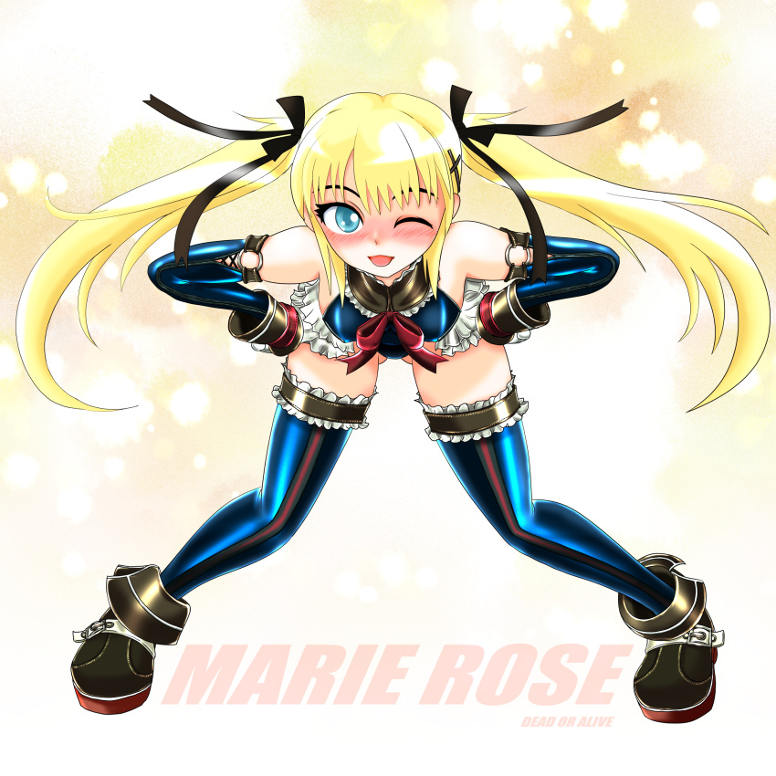 1girl absurdres ankle_boots blonde_hair blue_eyes blue_legwear blush boots dead_or_alive dead_or_alive_5 detached_sleeves frills full_body glove_pull hair_ribbon hands_on_hips highres leaning_forward leotard long_hair looking_at_viewer marie_rose ribbon small_breasts thighhighs twintails wink xiao_rui_rui
