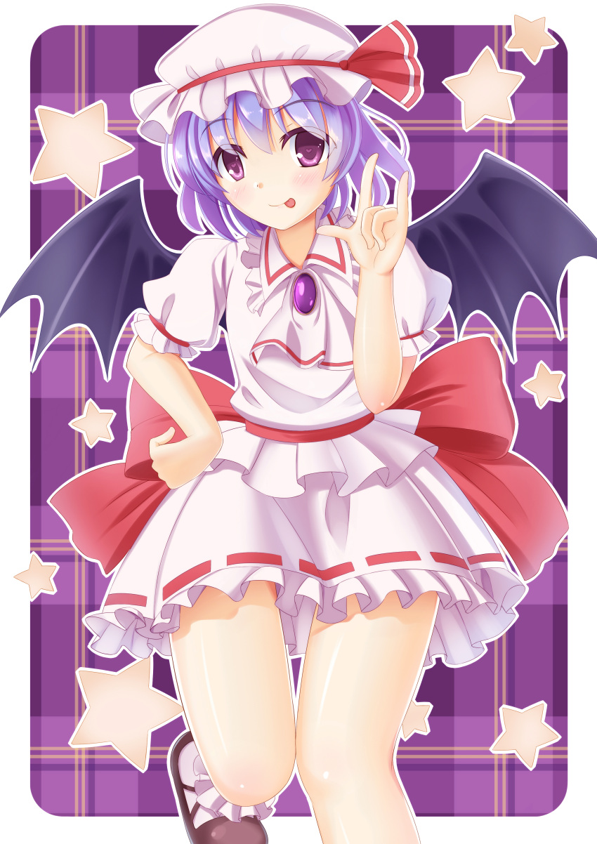 1girl :p \m/ absurdres ascot bat_wings brooch hand_on_hip hat hat_ribbon heart heart-shaped_pupils highres jewelry knees_together lavender_hair leg_up looking_at_viewer mob_cap plaid plaid_background puffy_short_sleeves puffy_sleeves purple_background remilia_scarlet ribbon rounded_corners short_hair short_sleeves skirt skirt_set smile solo star symbol-shaped_pupils tongue touhou umitonakai violet_eyes wings