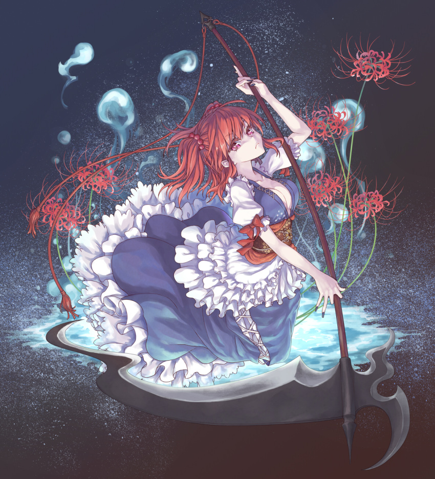 1girl breasts cleavage flower hair_bobbles hair_ornament highres looking_at_viewer mumulatte onozuka_komachi pink_eyes redhead scythe short_hair solo touhou twintails