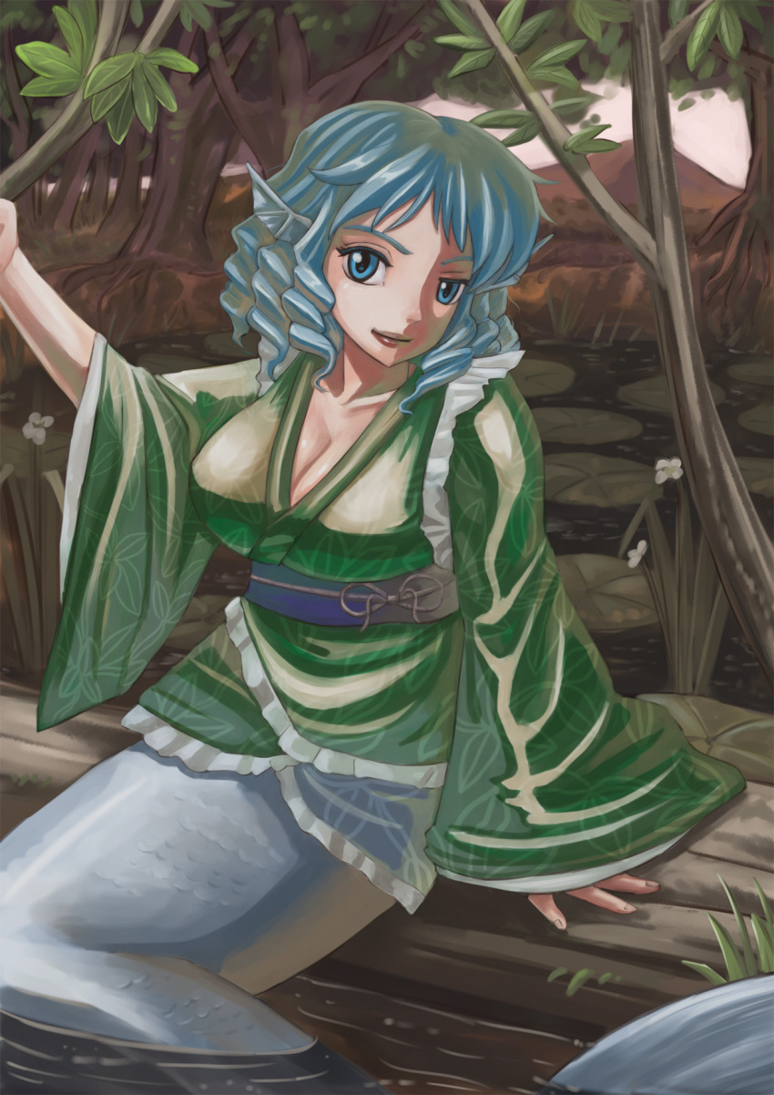 1girl amibazh blue_eyes blue_hair breasts cleavage curly_hair dress flower green_dress head_fins highres japanese_clothes kimono large_breasts lily_pad long_sleeves looking_at_viewer mermaid monster_girl obi sash short_hair sitting solo swamp touhou tree wakasagihime water wide_sleeves