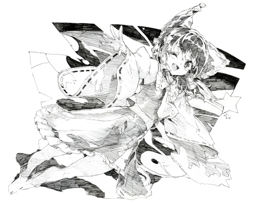 1girl armpits ascot bow detached_sleeves graphite_(medium) hair_bow hair_tubes hakurei_reimu highres long_sleeves looking_at_viewer monochrome open_mouth oshake outstretched_arm pencil_crayon_(medium) shirt skirt skirt_set smile solo star touhou traditional_media wide_sleeves wink yin_yang