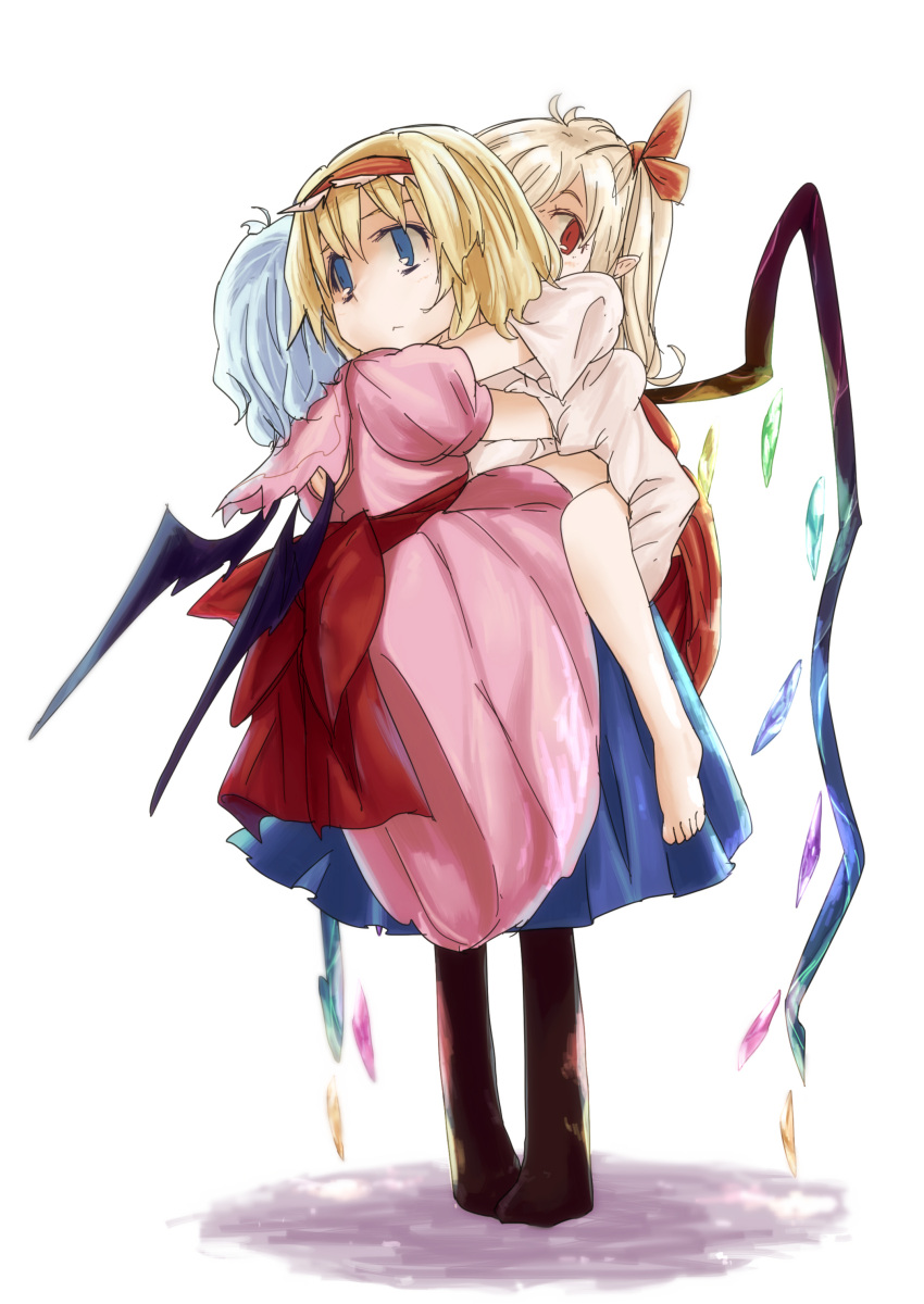 3girls :&lt; absurdres alice_margatroid barefoot bat_wings blonde_hair blue_hair bow capelet dress facing_away flandre_scarlet from_behind frown hair_bow hairband highres hug hug_from_behind lolita_hairband long_sleeves multiple_girls no_hat no_shoes pantyhose piggyback puffy_short_sleeves puffy_sleeves red_eyes remilia_scarlet short_hair short_sleeves side_ponytail simple_background skirt skirt_set touhou waira white_background wings