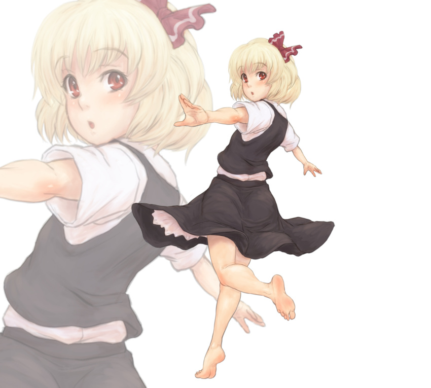 1girl barefoot blonde_hair hair_ribbon highres kuro_suto_sukii looking_at_viewer looking_back open_mouth outstretched_arms red_eyes ribbon rumia shirt short_sleeves skirt skirt_set solo touhou vest zoom_layer