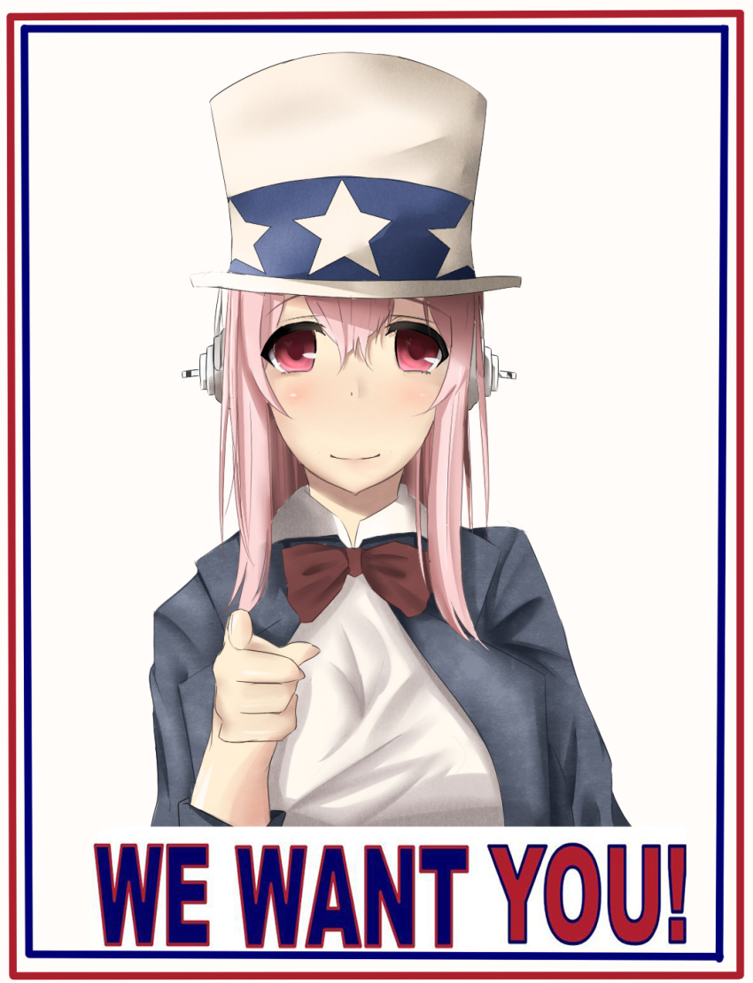 1girl blush breasts fine_art_parody hat headphones highres large_breasts long_hair looking_at_viewer nitroplus parody pink_eyes pink_hair pointing pointing_at_viewer smile solo super_sonico top_hat uncle_sam