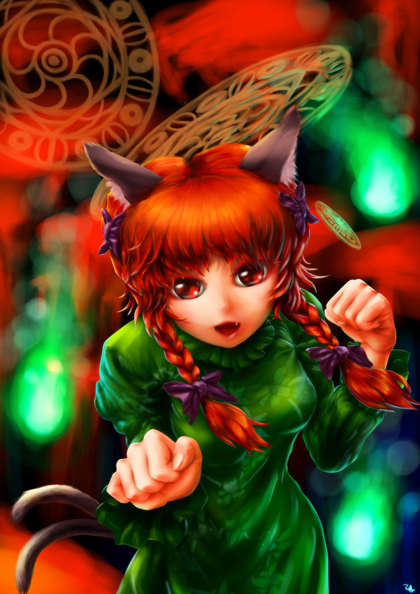 1girl absurdres animal_ears bow braid cat_ears cat_tail clenched_hand dress fang green green_clothes green_dress hair_bow highres kaenbyou_rin koshi_(koshi_vortex) looking_at_viewer multiple_tails nekomata open_mouth purple_bow red red_eyes redhead short_hair solo tail touhou twin_braids two_tails wheels