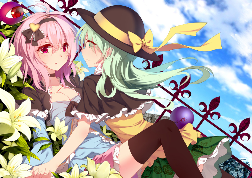 2girls adapted_costume ahoge aqua_hair blouse blue_sky breasts capelet choker cleavage clouds eye_contact flower green_eyes hair_ribbon hat hat_ribbon heart highres holding_hands incest interlocked_fingers komeiji_koishi komeiji_satori lily_(flower) looking_at_another multiple_girls parted_lips pink_eyes pink_hair railing reclining ribbon short_hair siblings sisters skirt sky suisai. thighhighs third_eye touhou wind yuri