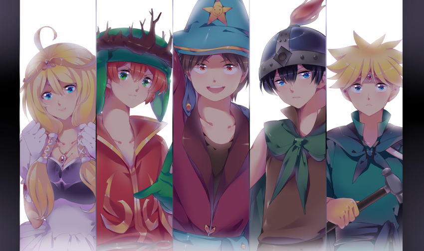 black_hair blonde_hair blue_eyes brown_eyes brown_hair coat dress eric_cartman gloves green_eyes hammer hat helmet jewelry kenny_mccormick kyle_broflovski leopold_stotch long_hair pendant smile south_park stan_marsh tiara trap xhouz