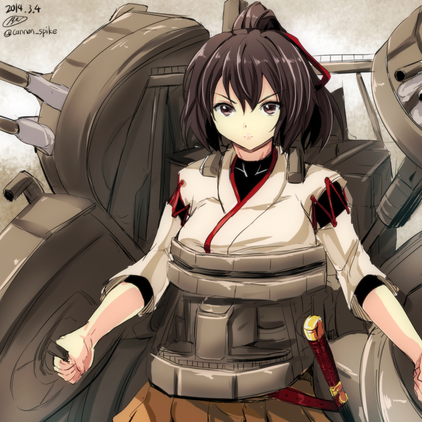 1girl armor blush bow breasts brown_eyes brown_hair cannon gin'ichi_(akacia) hair_bow hair_ribbon highres ise_(kantai_collection) japanese_clothes kantai_collection katana long_hair personification ponytail ribbon skirt smile solo sword turret weapon