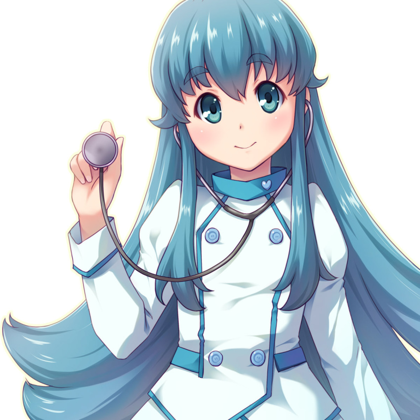 1girl blue_eyes blue_hair happinesscharge_precure! highres long_hair looking_at_viewer precure sayousuke shirayuki_hime simple_background smile solo stethoscope white_background