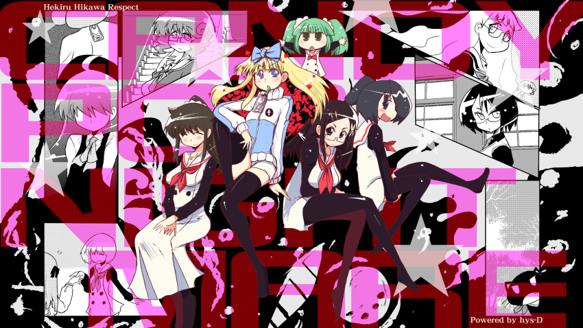 6_girls ahoge arms_up black_legwear blonde_hair blush bow breasts brown_hair candy_pop_nightmare character_request chibi closed_eyes copyright_name glasses green_hair hair_bow hands_in_lap highres himekawa_makina hys-d kokonoe_alice long_hair looking_at_viewer multiple_girls open_mouth pantyhose short_hair smile thighhighs