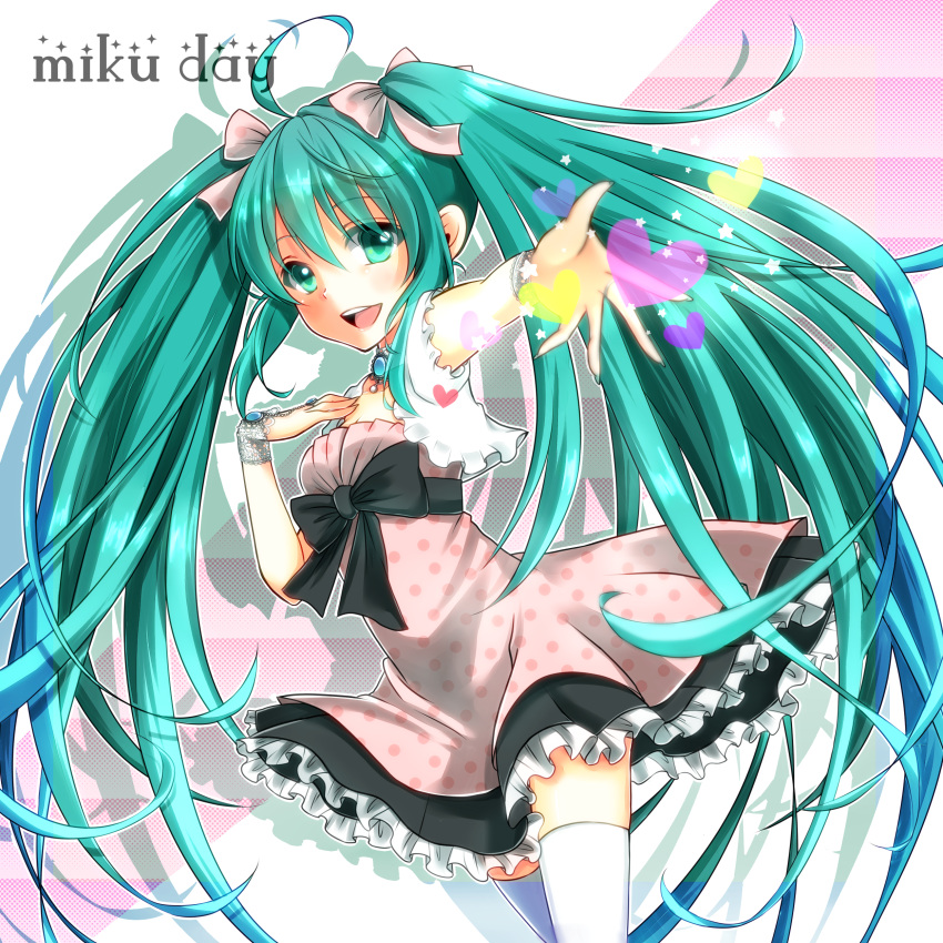 1girl absurdres ahoge aoi_(kiyokiyoaomushi) character_name dress green_eyes green_hair hand_on_own_chest hatsune_miku highres long_hair open_mouth outstretched_arm solo thighhighs twintails very_long_hair vocaloid