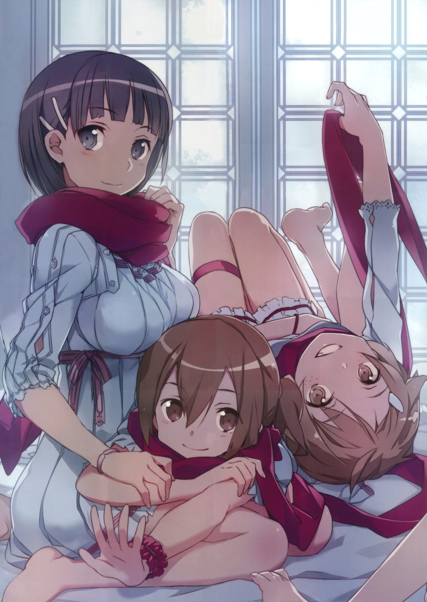 3girls abec absurdres barefoot black_eyes black_hair brown_eyes brown_hair freckles garters highres kirigaya_suguha lisbeth multiple_girls official_art scarf short_hair silica sword_art_online twintails